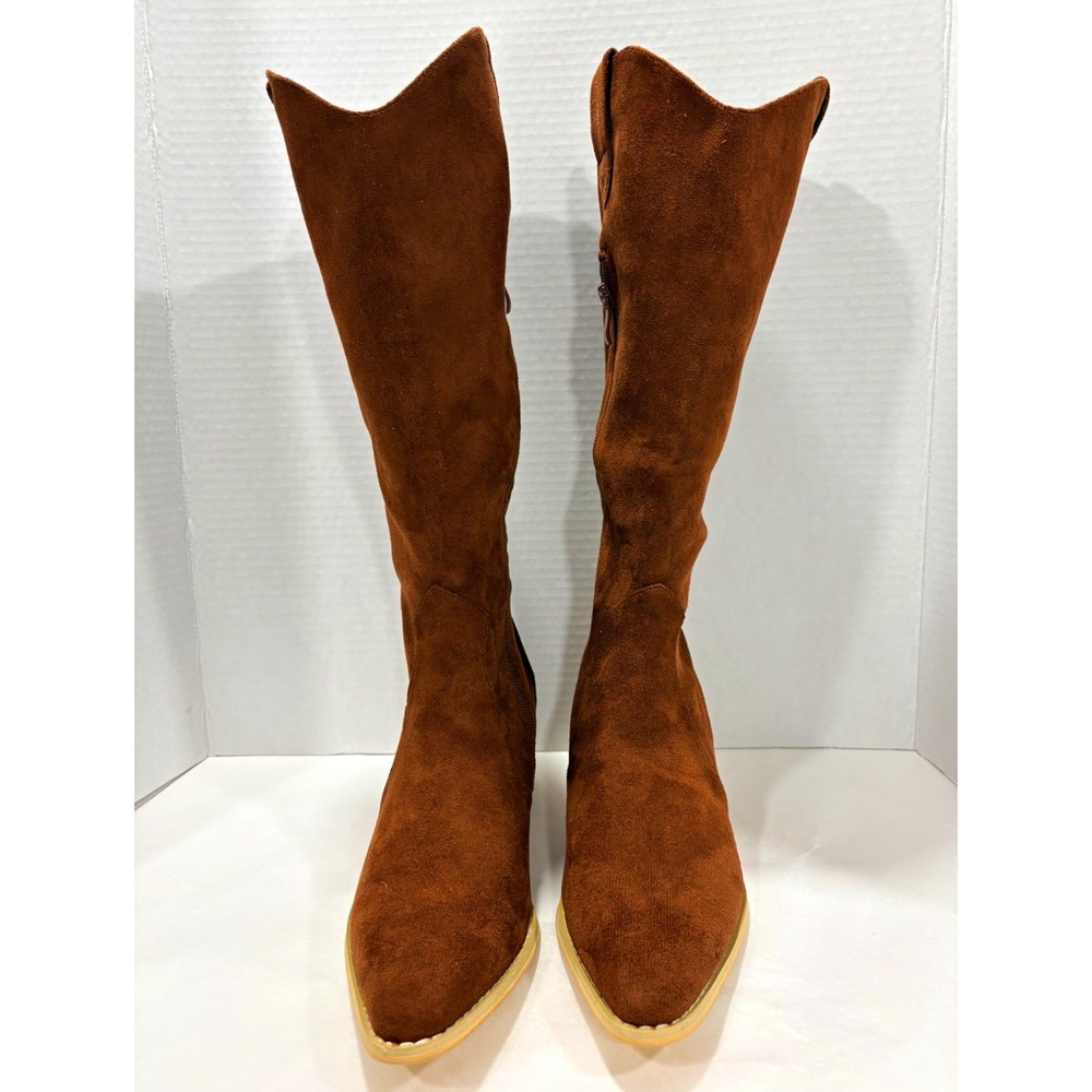 ShuBeVer Brown Suede Knee High Western Boots Pointed Toe Zip EU 38 US 7.5